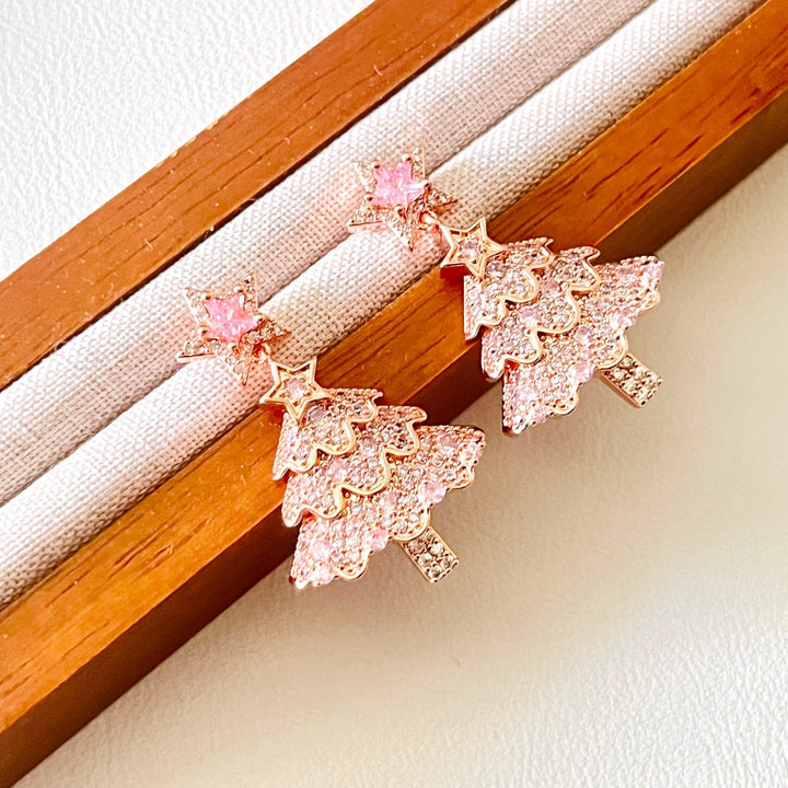 Rose Pink Christmas Tree Star Earrings | Necklace Set - Natural Bunny Accessories