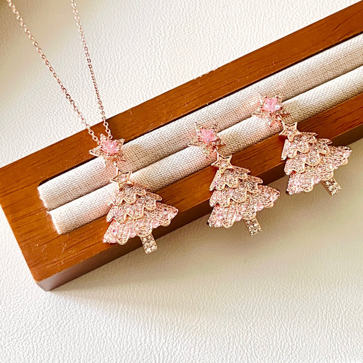 Rose Pink Christmas Tree Star Earrings | Necklace Set - Natural Bunny Accessories