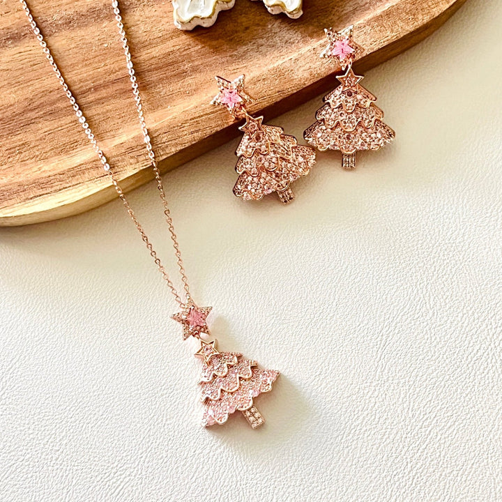 Rose Pink Christmas Tree Star Earrings | Necklace Set - Natural Bunny Accessories