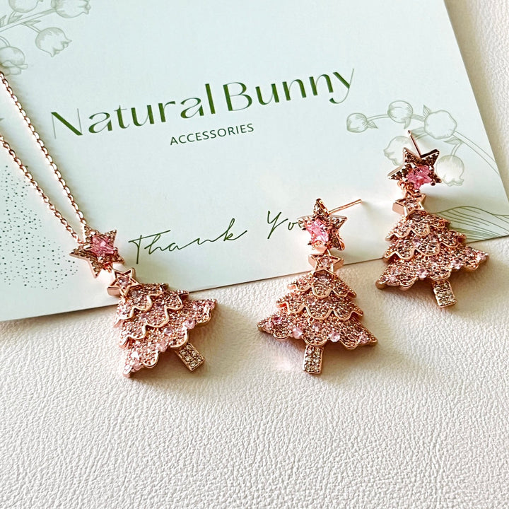 Rose Pink Christmas Tree Star Earrings | Necklace Set - Natural Bunny Accessories