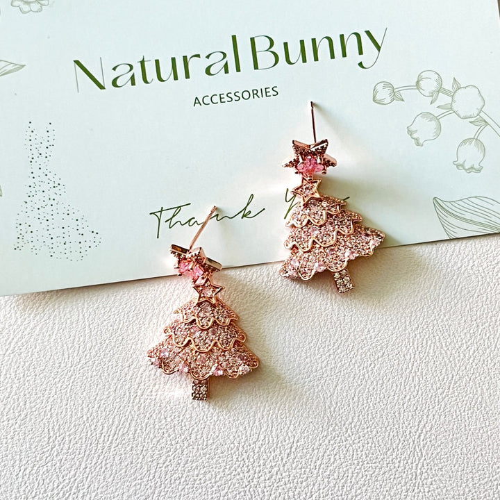 Rose Pink Christmas Tree Star Earrings | Necklace Set - Natural Bunny Accessories
