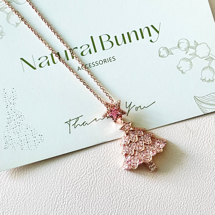 Rose Pink Christmas Tree Star Earrings | Necklace Set - Natural Bunny Accessories