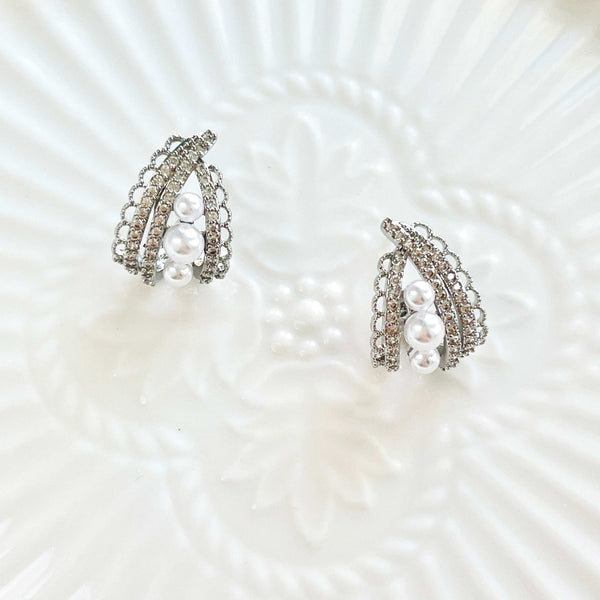 Silver Lace Pearl Hoop Earrings / Clip-on Earrings