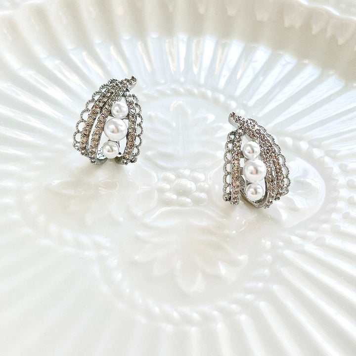 Silver Lace Pearl Hoop Earrings / Clip-on Earrings