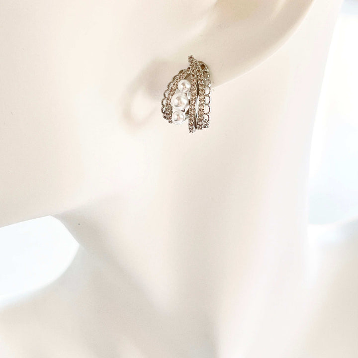 Silver Lace Pearl Hoop Earrings / Clip-on Earrings