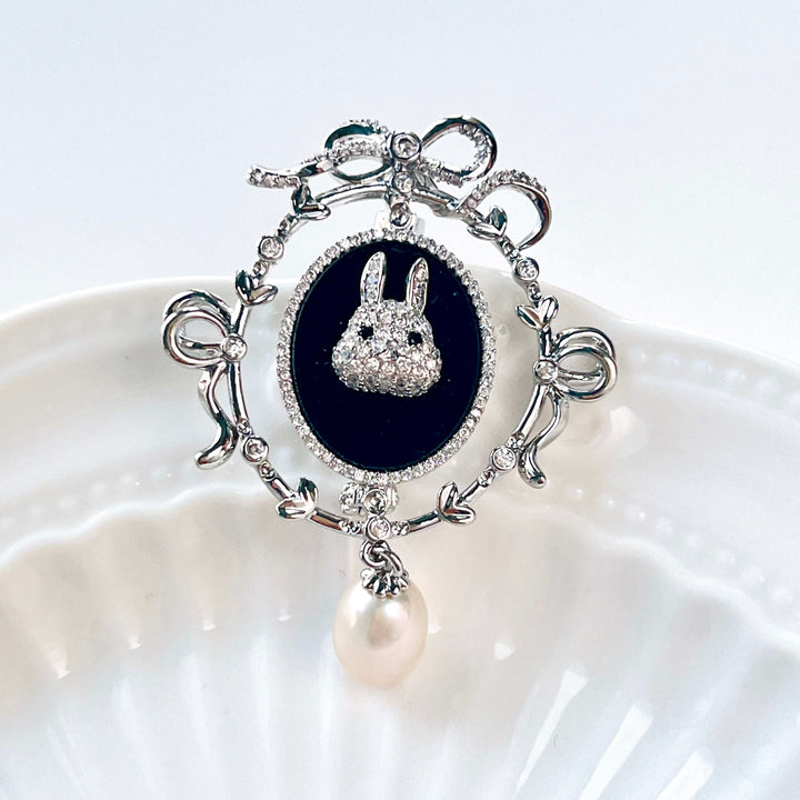 Silvery Bunny in the Mirror with Pearl Pendant Brooch
