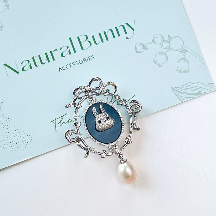 Silvery Bunny in the Mirror with Pearl Pendant Brooch