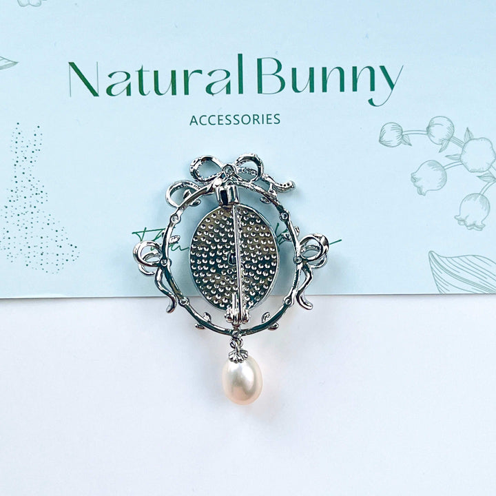 Silvery Bunny in the Mirror with Pearl Pendant Brooch