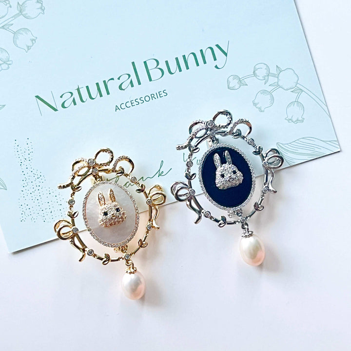 Silvery Bunny in the Mirror with Pearl Pendant Brooch