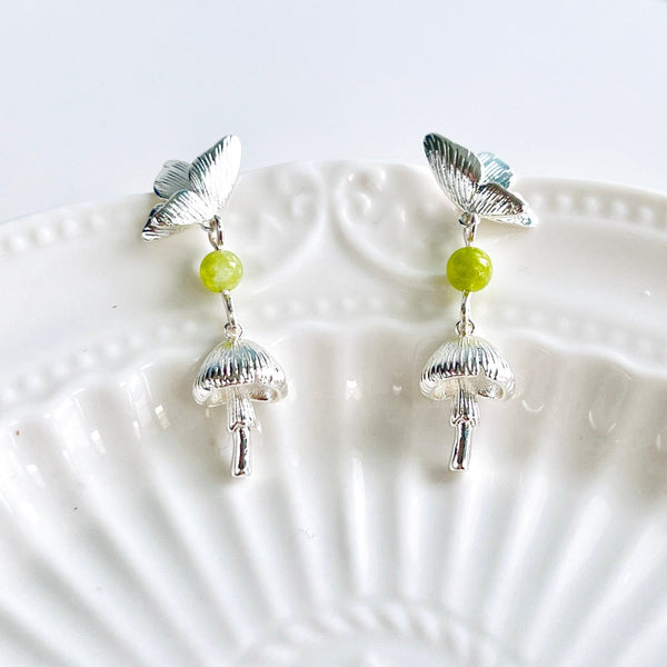 Silvery Butterfly Mushroom Drop Earrings - Natural Bunny Accessories