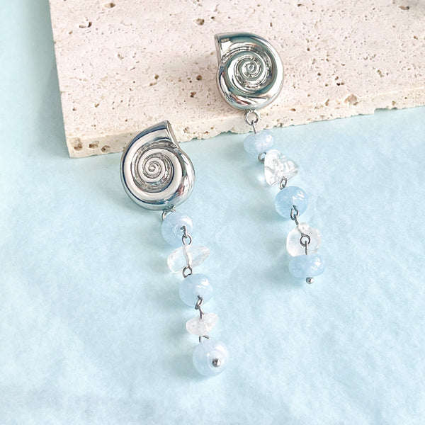 Silvery Nautilus Aquamarine Dangle Earrings