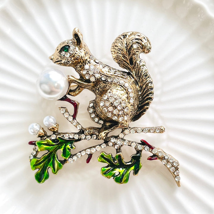Squirrel On Pine Tree Branch Brooch - Natural Bunny Accessories