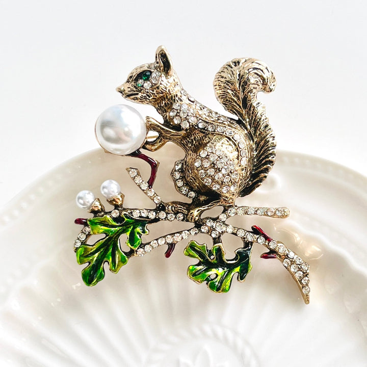 Squirrel On Pine Tree Branch Brooch - Natural Bunny Accessories