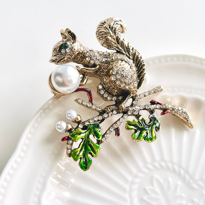 Squirrel On Pine Tree Branch Brooch - Natural Bunny Accessories