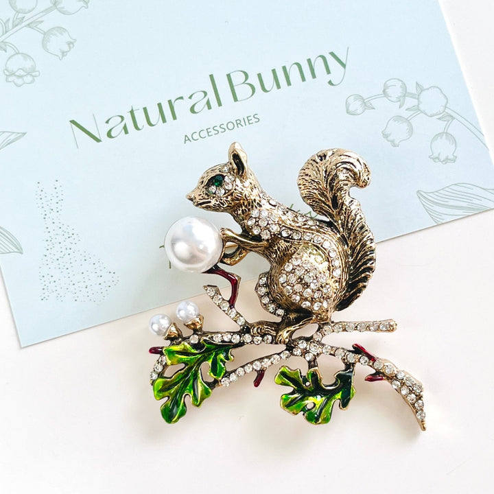 Squirrel On Pine Tree Branch Brooch - Natural Bunny Accessories