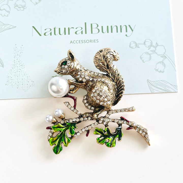 Squirrel On Pine Tree Branch Brooch - Natural Bunny Accessories
