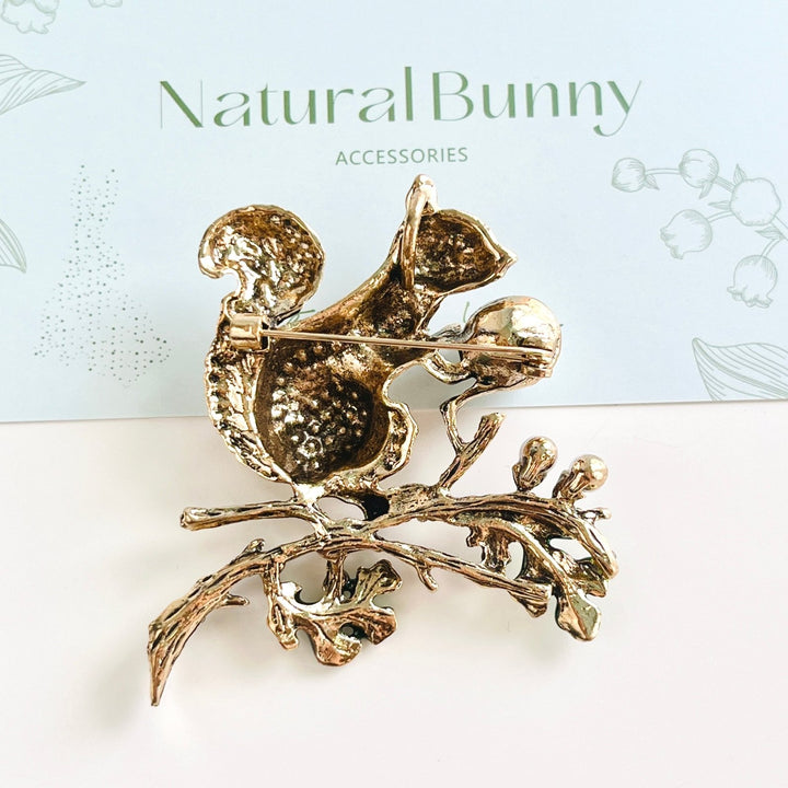 Squirrel On Pine Tree Branch Brooch - Natural Bunny Accessories