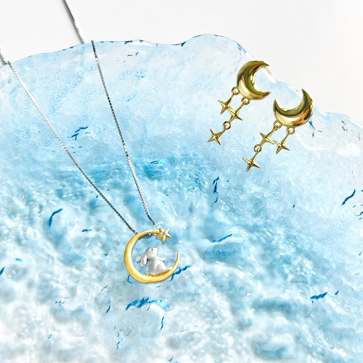 Sterling Silver Moon And Stars Dangle Earrings - Natural Bunny Accessories