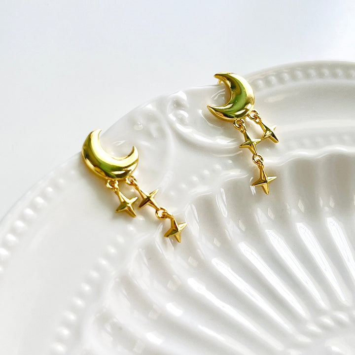 Sterling Silver Moon And Stars Dangle Earrings - Natural Bunny Accessories
