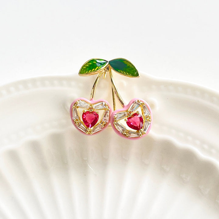 Sweet Heart Pink Cherry Brooch - Natural Bunny Accessories