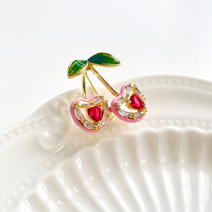 Sweet Heart Pink Cherry Brooch - Natural Bunny Accessories