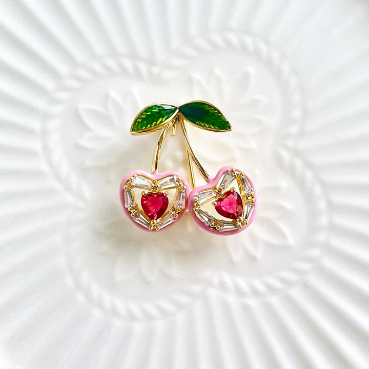 Sweet Heart Pink Cherry Brooch - Natural Bunny Accessories