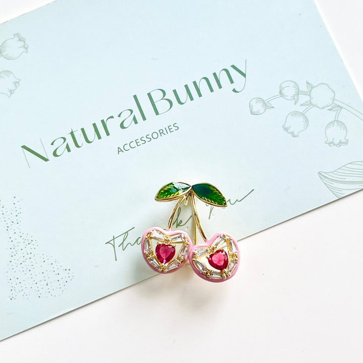 Sweet Heart Pink Cherry Brooch - Natural Bunny Accessories