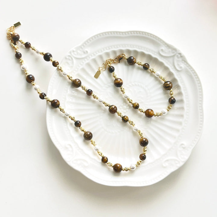Tiger Eye Pearl Beaded Necklace / Bracelet - Natural Bunny Accessories