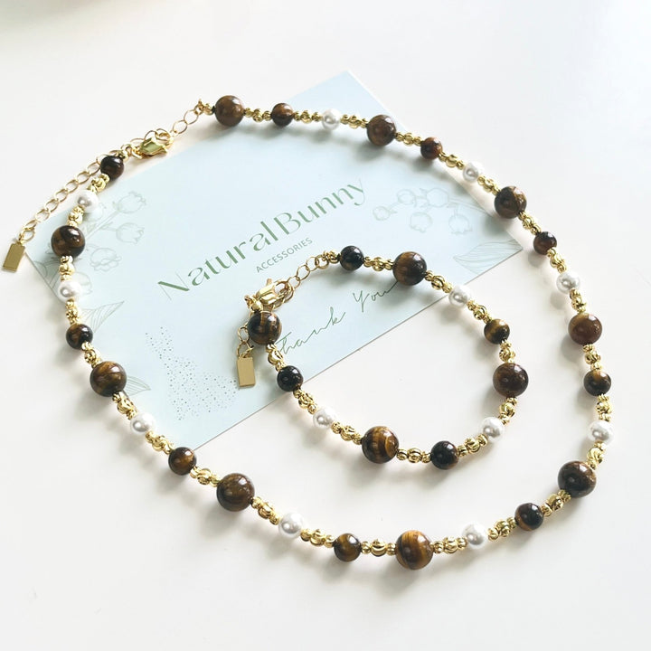 Tiger Eye Pearl Beaded Necklace / Bracelet - Natural Bunny Accessories