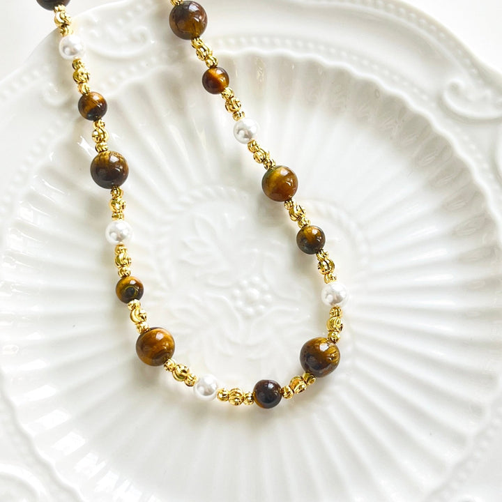 Tiger Eye Pearl Beaded Necklace / Bracelet - Natural Bunny Accessories