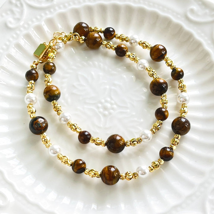 Tiger Eye Pearl Beaded Necklace / Bracelet - Natural Bunny Accessories