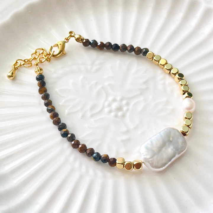 Tigers Eye Rectangular Baroque Pearl Necklace/Bracelet - Natural Bunny Accessories