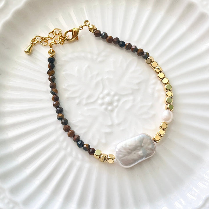 Tigers Eye Rectangular Baroque Pearl Necklace/Bracelet - Natural Bunny Accessories