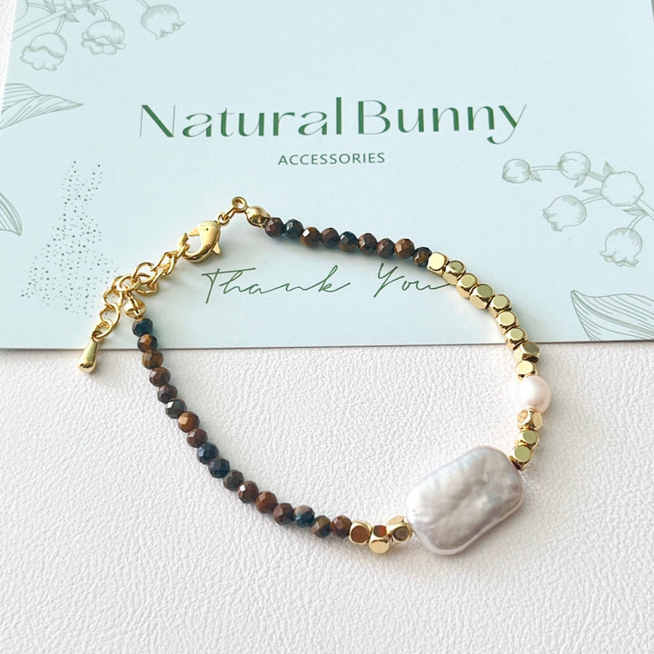 Tigers Eye Rectangular Baroque Pearl Necklace/Bracelet - Natural Bunny Accessories