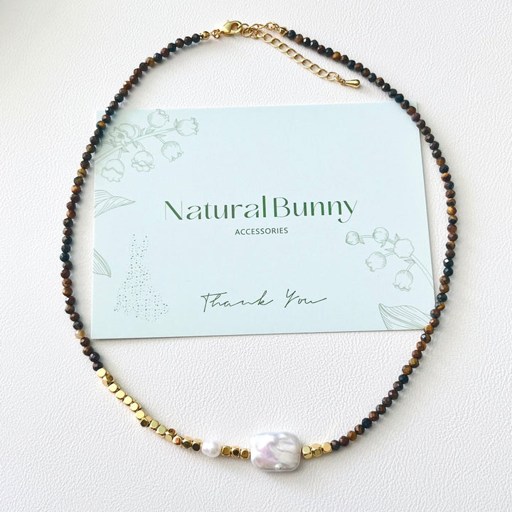Tigers Eye Rectangular Baroque Pearl Necklace/Bracelet - Natural Bunny Accessories