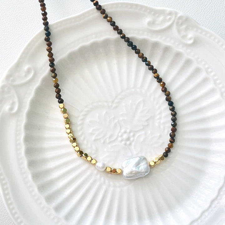 Tigers Eye Rectangular Baroque Pearl Necklace/Bracelet - Natural Bunny Accessories