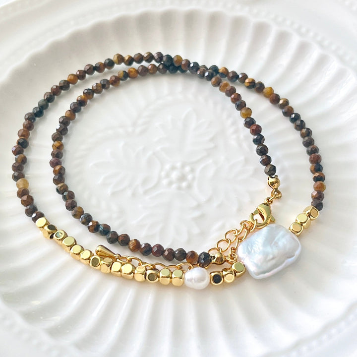 Tigers Eye Rectangular Baroque Pearl Necklace/Bracelet - Natural Bunny Accessories