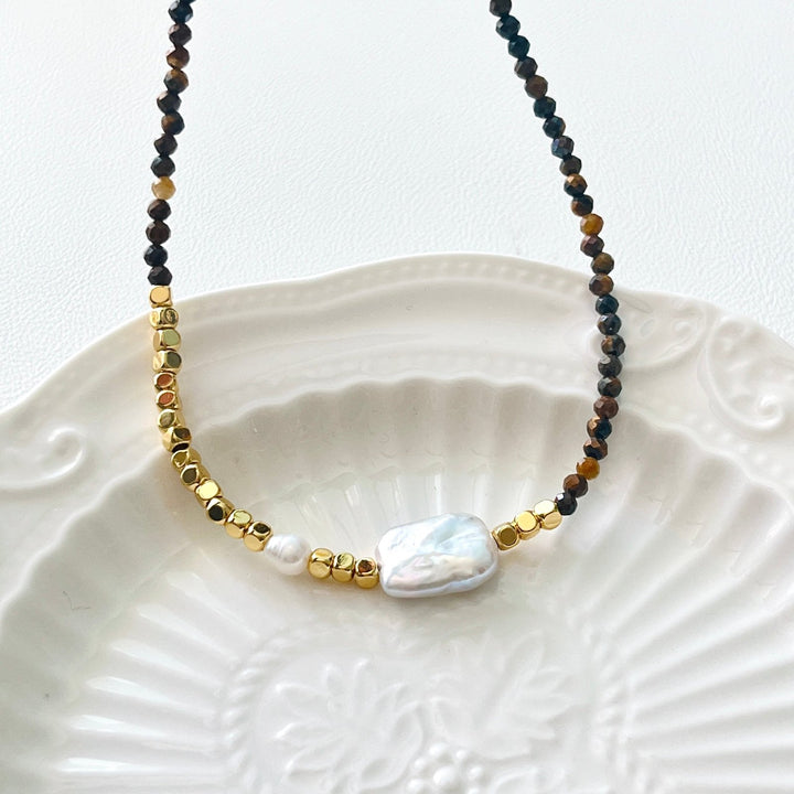 Tigers Eye Rectangular Baroque Pearl Necklace/Bracelet - Natural Bunny Accessories