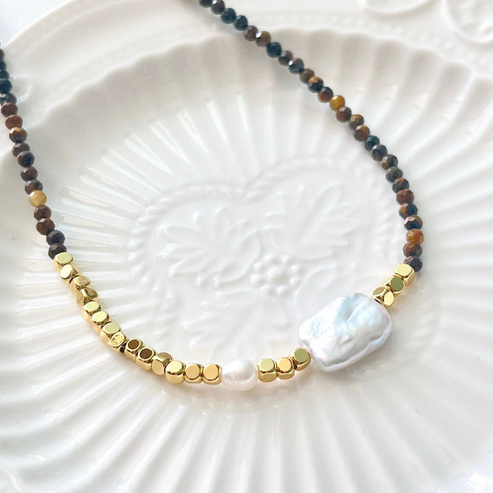 Tigers Eye Rectangular Baroque Pearl Necklace/Bracelet - Natural Bunny Accessories