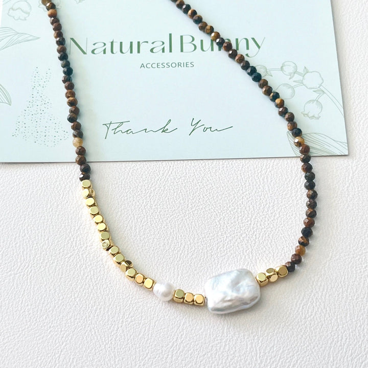 Tigers Eye Rectangular Baroque Pearl Necklace/Bracelet - Natural Bunny Accessories