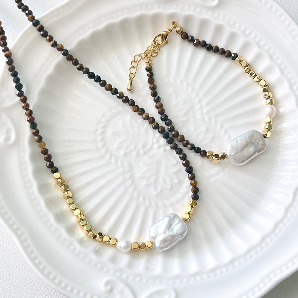 Tigers Eye Rectangular Baroque Pearl Necklace/Bracelet - Natural Bunny Accessories