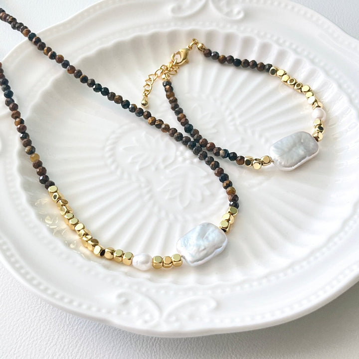 Tigers Eye Rectangular Baroque Pearl Necklace/Bracelet - Natural Bunny Accessories