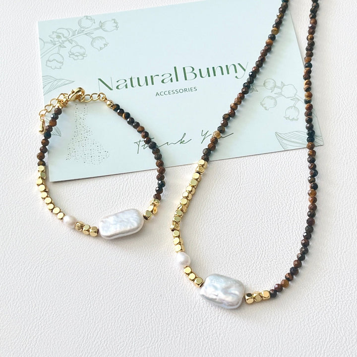 Tigers Eye Rectangular Baroque Pearl Necklace/Bracelet - Natural Bunny Accessories