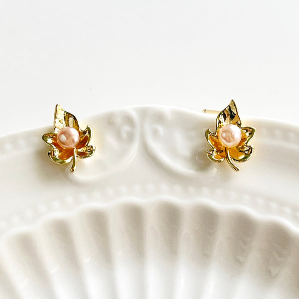 Tiny Maple Leaf Pearl Stud Earrings