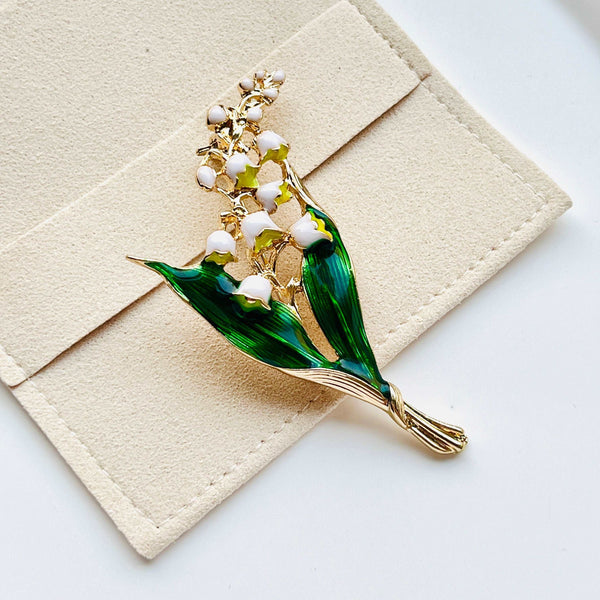 Vintage Enamel Lily Of The Valley Flower Brooch
