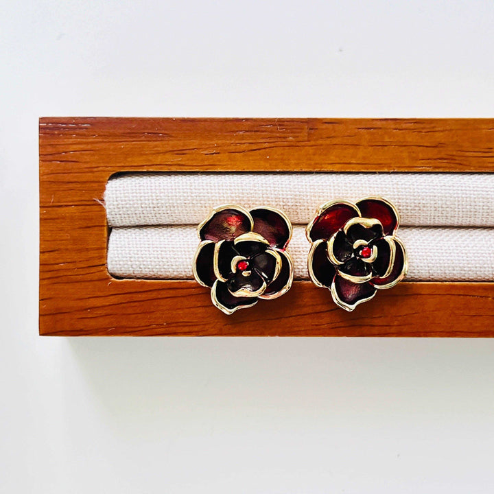 Vintage Wine Red Rose Stud Earrings - Natural Bunny Accessories