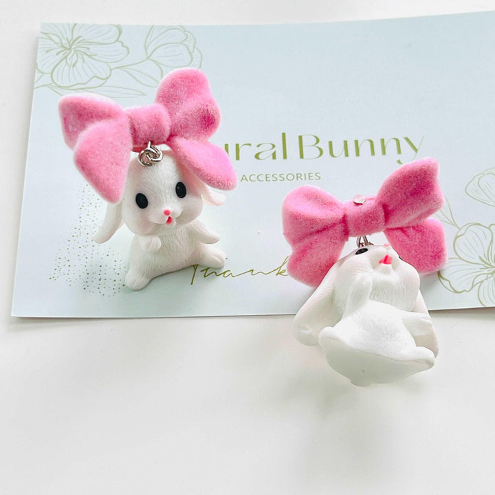 White Bunny with A Pink Bow Stud Earrings/ Clip-on Earrings