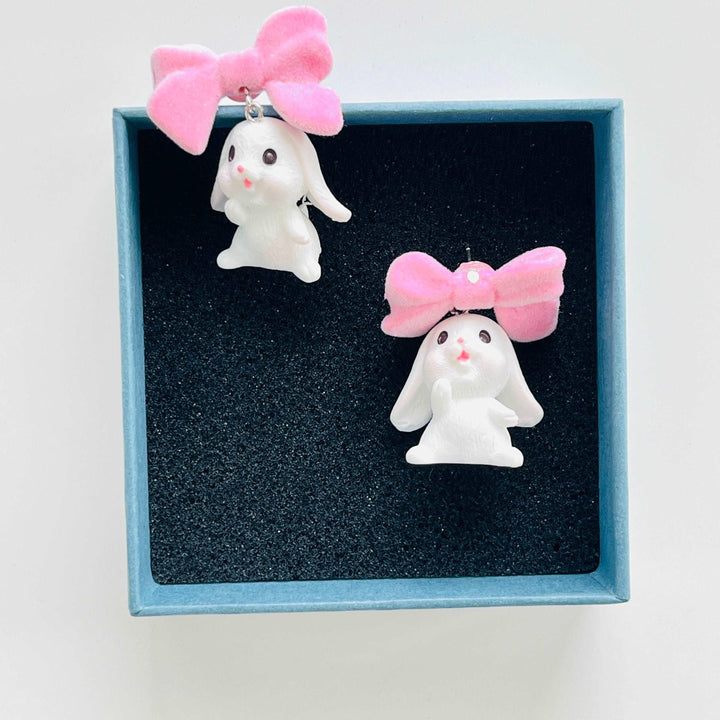 White Bunny with A Pink Bow Stud Earrings/ Clip-on Earrings