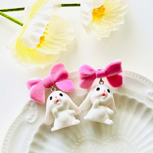 White Bunny with Bow Stud Earrings/ Clip-on Earrings