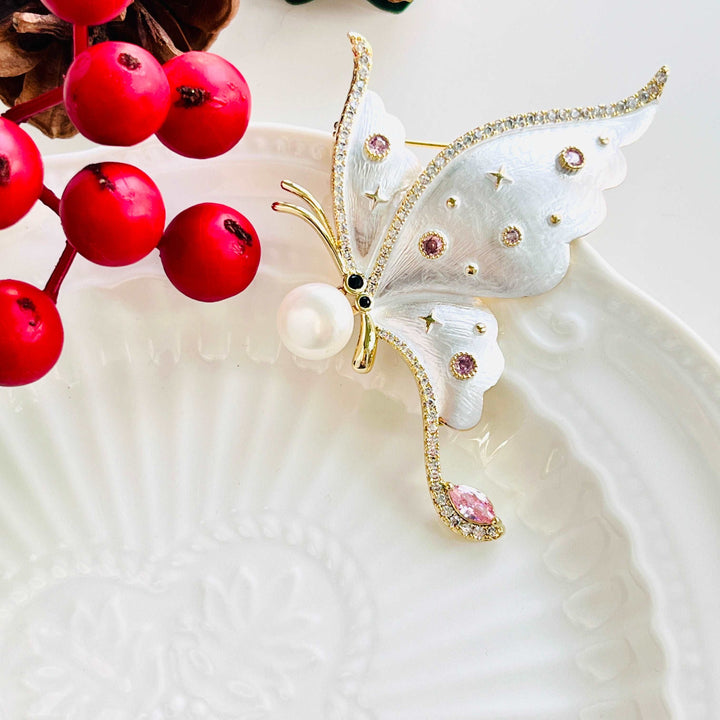 White Butterfly Pearl Brooch